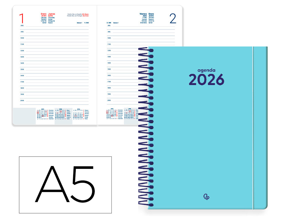 Agenda espiral liderpapel classic a5 2026 dia pagina azul claro papel 70 gr fsc