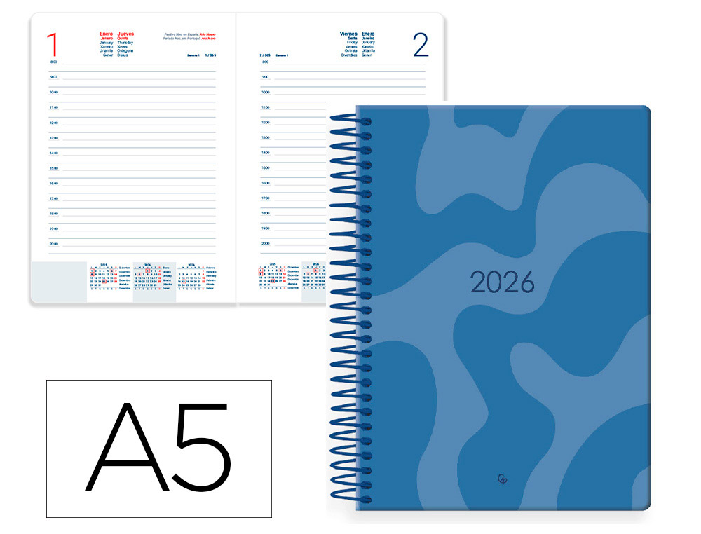 Agenda espiral liderpapel syros 150x210 mm 2026 dia pagina azul papel 60 gr fsc