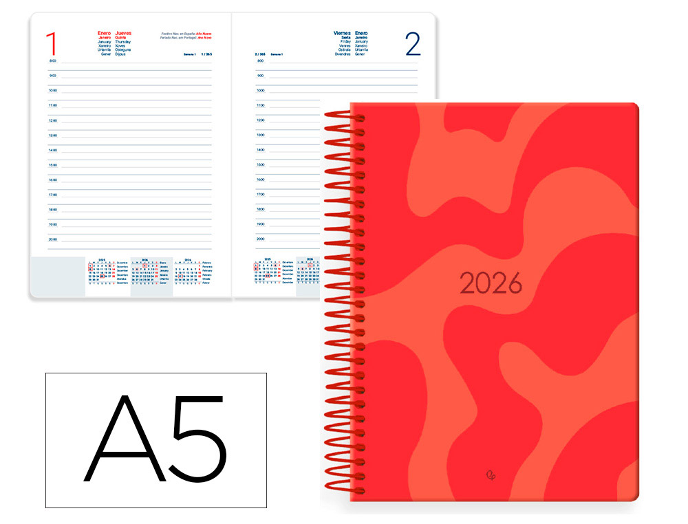 Agenda espiral liderpapel syros a5 2026 día página rojo papel 60g fsc