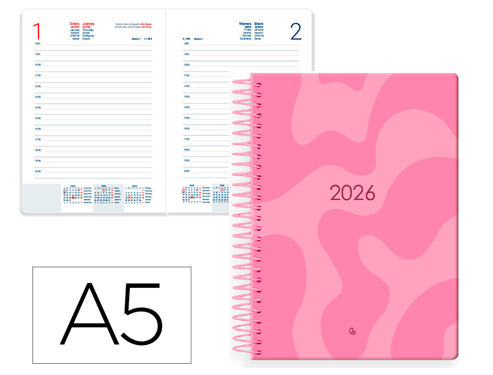Agenda espiral liderpapel syros 150x210 mm 2026 dia pagina rosa papel 60 gr fsc