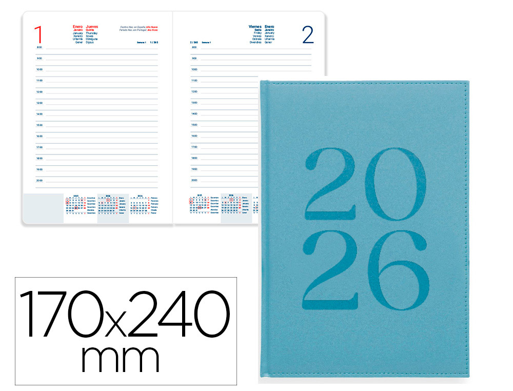 Agenda encuadernada liderpapel creta 170x240 mm 2026 dia pagina azul claro papel 70 gr fsc