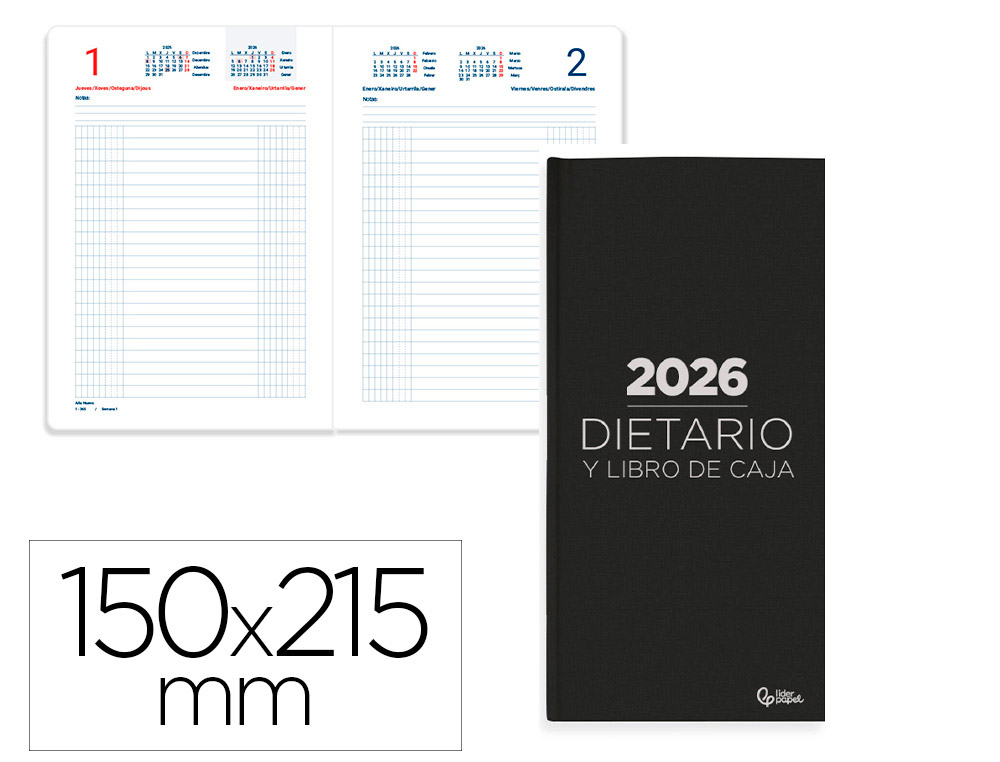 Dietario liderpapel 2026 cuarto 150x215 mm dia pagina color negro papel 70 gr sc