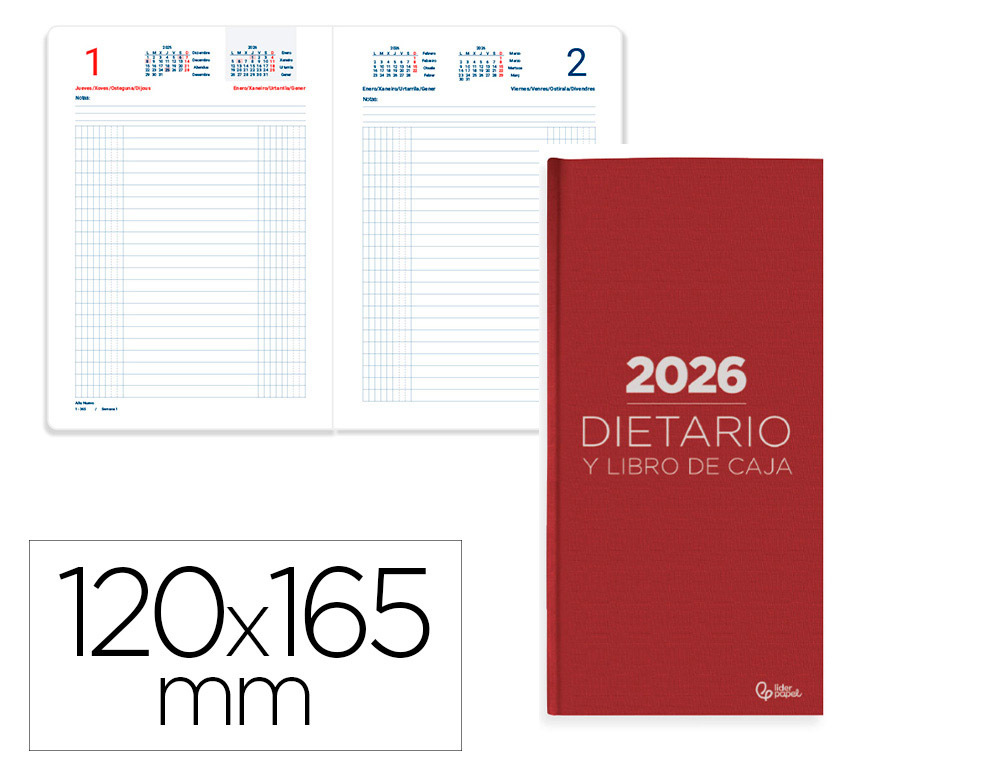 Dietario liderpapel 2026 octavo 120x165 mm dia pagina color rojo papel 70 gr fsc