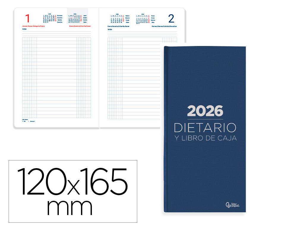 Dietario liderpapel 2026 octavo 120x165 mm dia pagina color azul papel 70 gr fsc