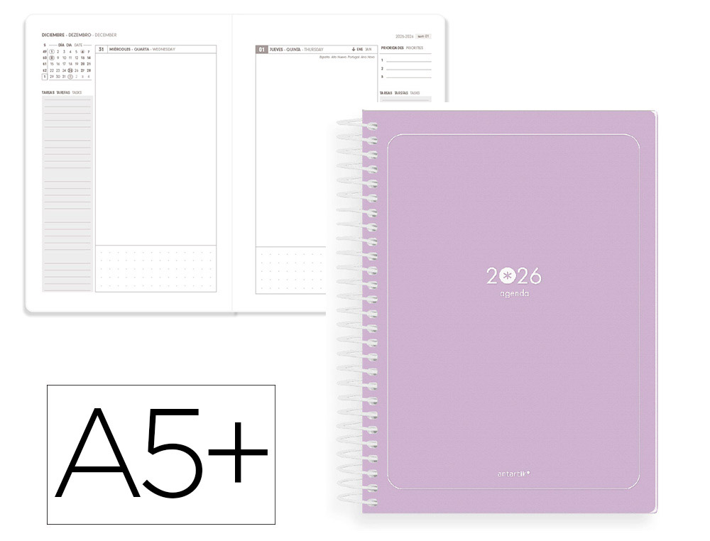 Agenda espiral antartik essentials a5+ 2026 día páginamorado papel 80g fsc