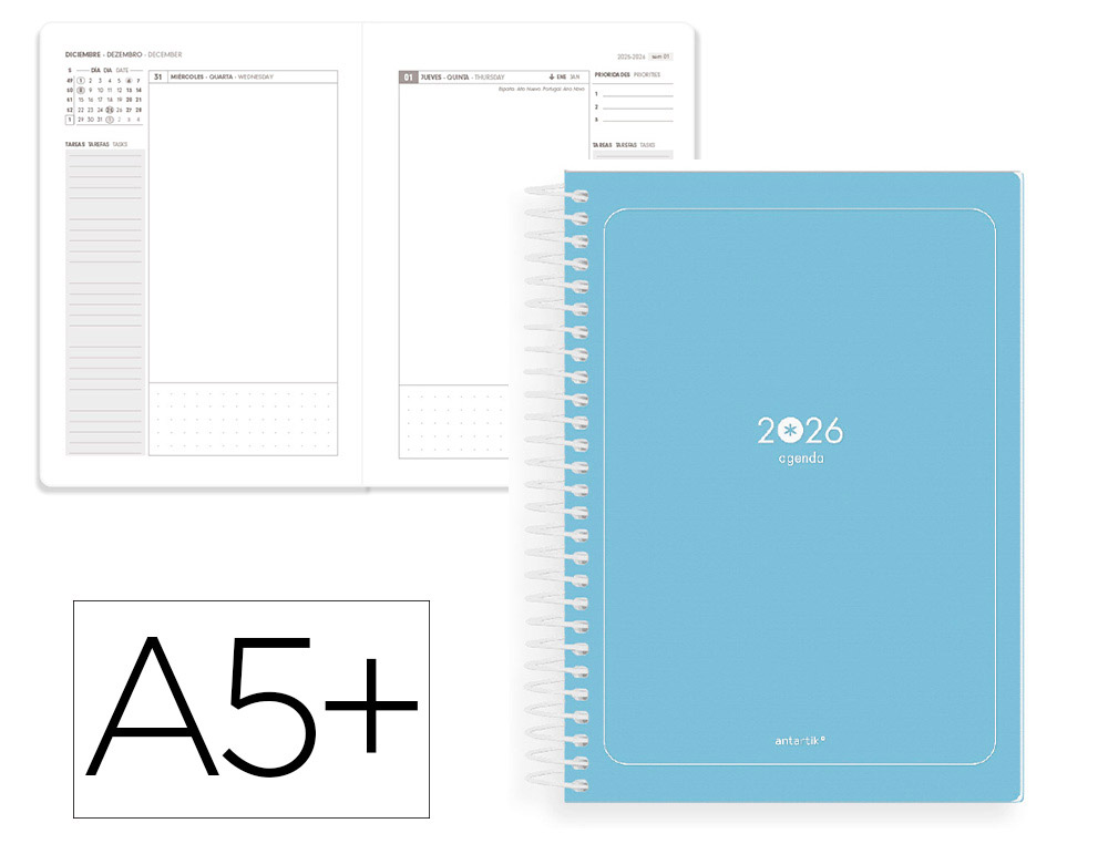 Agenda espiral antartik essentials a5+ 2026 día páginaazul claro papel 80g fsc