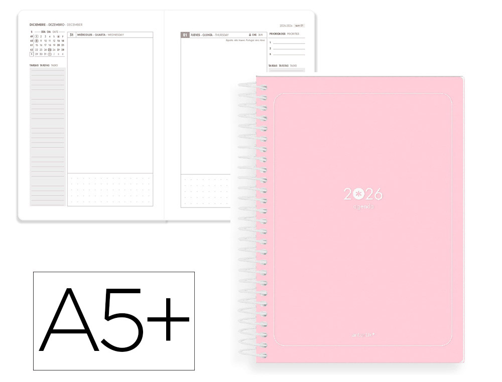 Agenda espiral antartik essentials a5+ 2026 día páginarosa papel 80g fsc