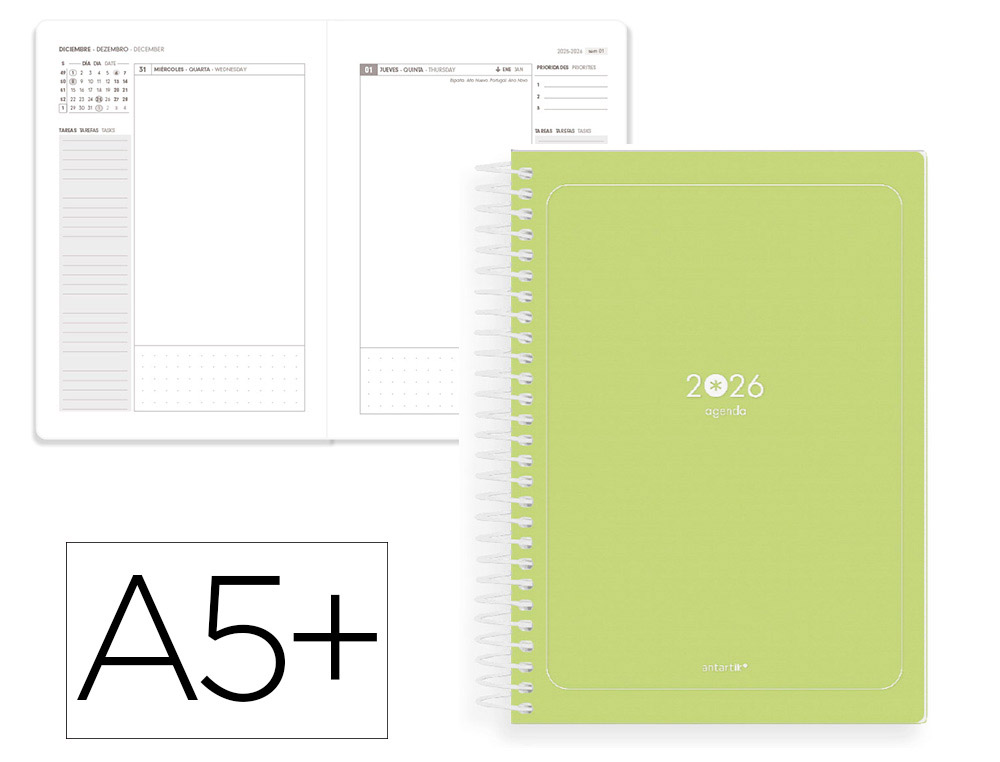 Agenda espiral antartik essentials a5+ 2026 día páginaverde papel 80g fsc
