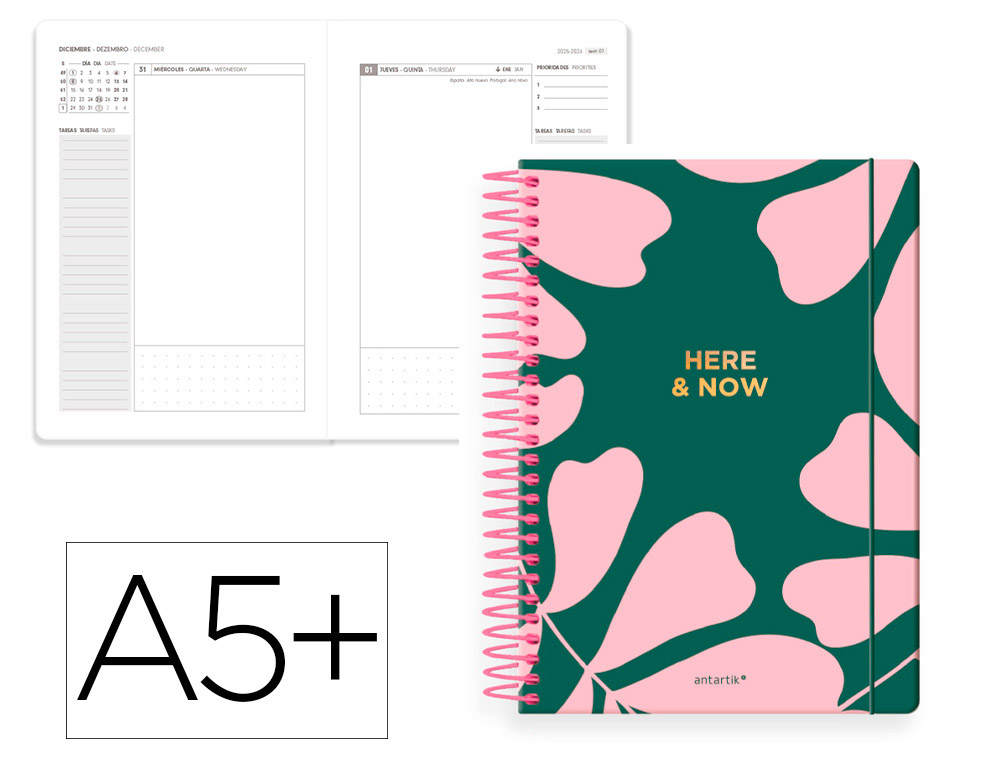 Agenda espiral antartik here and now a5+ 2026 día página verde papel 80g fsc