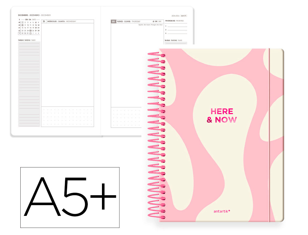 Agenda espiral antartik here and now a5+ 2026 día página rosa papel 80g fsc