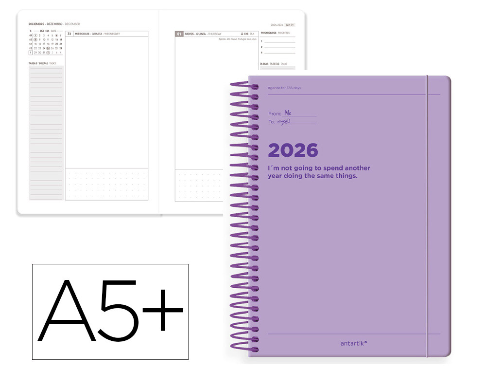 Agenda espiral antartik manifest a5+ 2026 día página morado papel 80g fsc