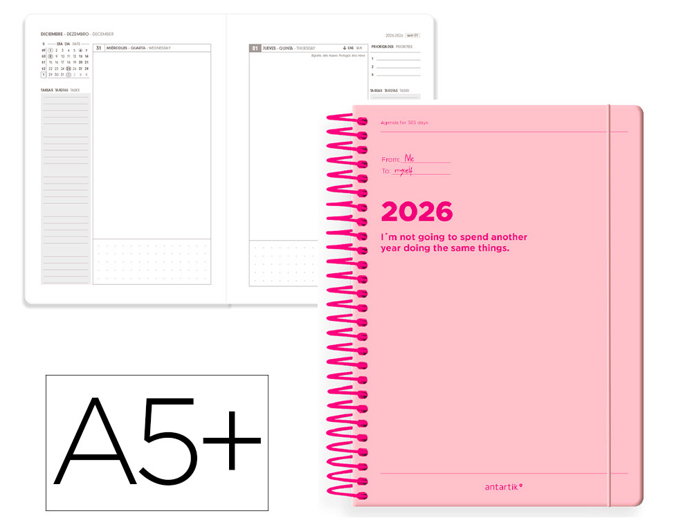 Agenda espiral antartik manifest a5+ 2026 día página rosa papel 80g fsc
