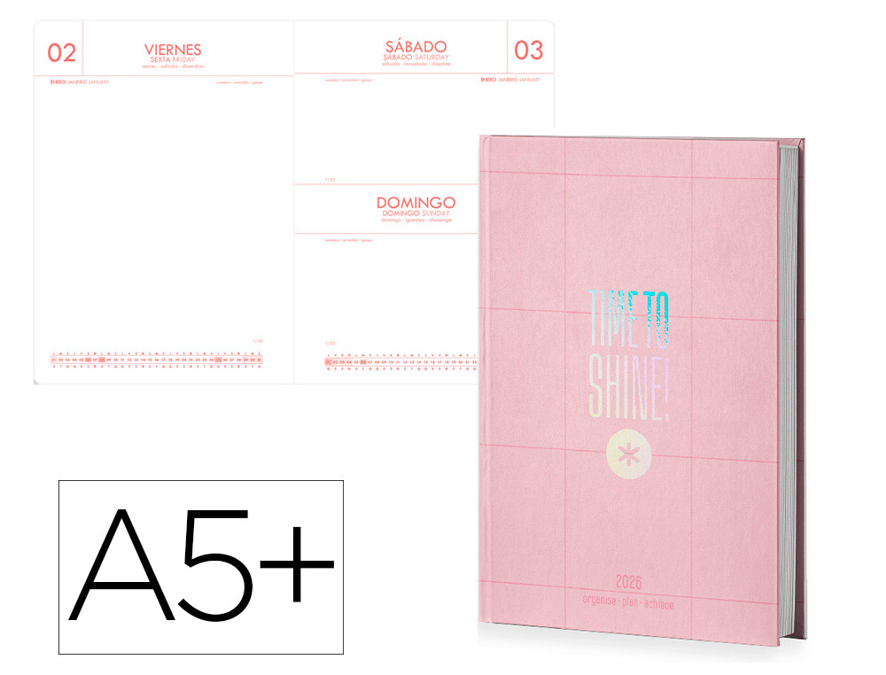 Agenda encuadernada antartik time to shine a5+ 2026 día página rosa papel 80g fsc