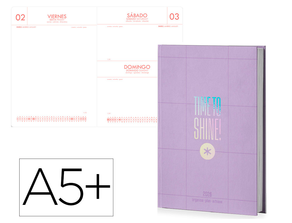 Agenda encuadernada antartik time to shine a5+ 2026 día página morado papel 80g fsc