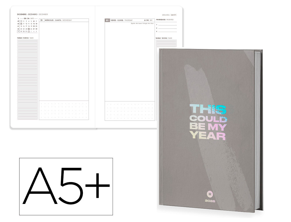 Agenda encuadernada antartik my year a5+ 2026 día página gris papel 80g fsc