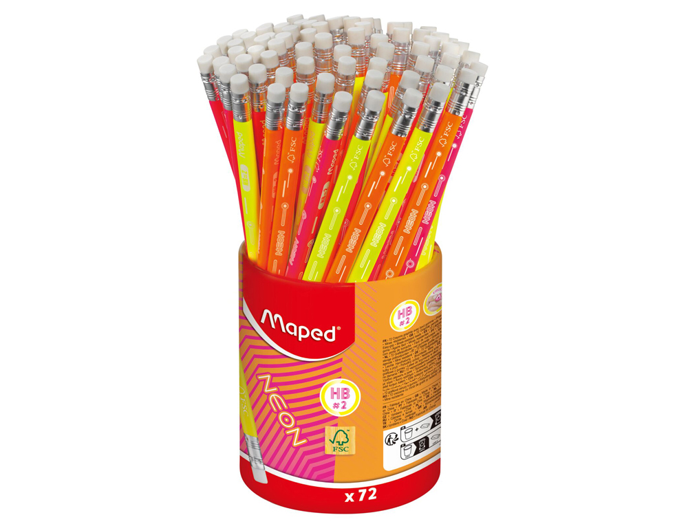 Lapiz de grafito maped neon con goma hb bote de 72 unidades colores surtidos