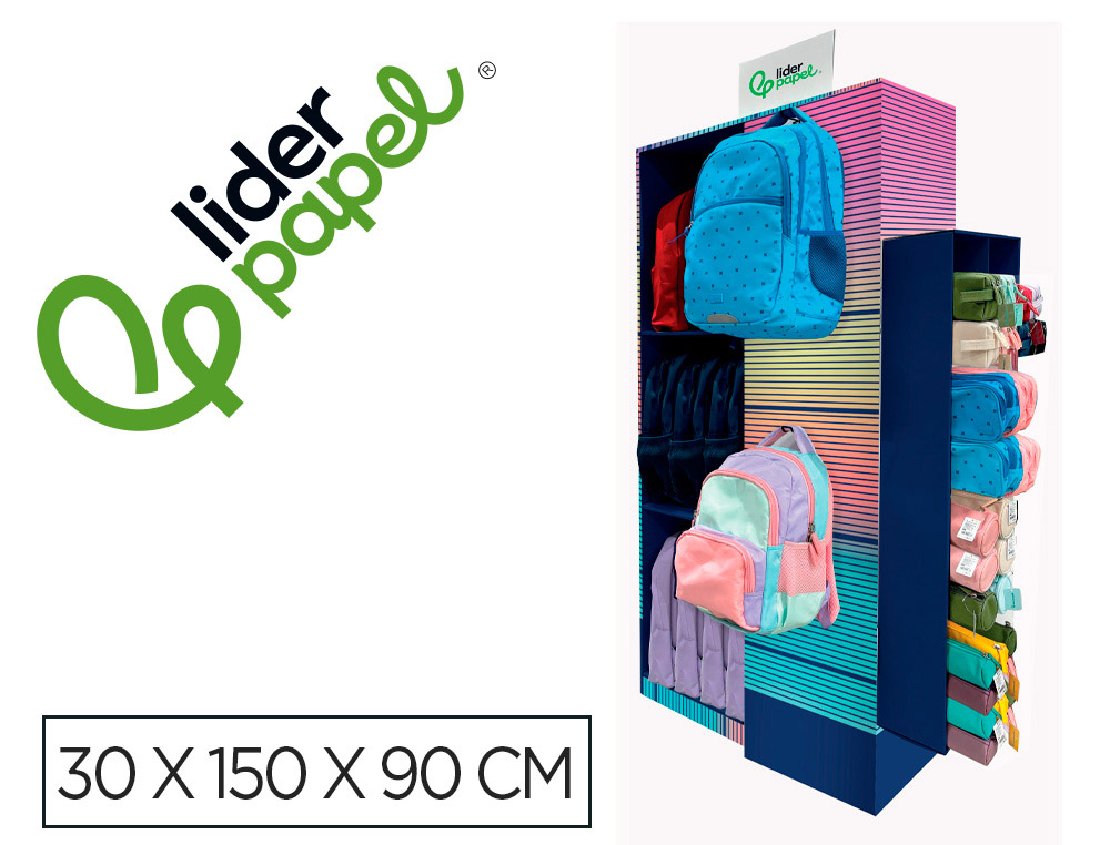 Mochila y estuche portatodo liderpapel expositor de suelo carton con 77 unidades surtidas 30x150x90 cm