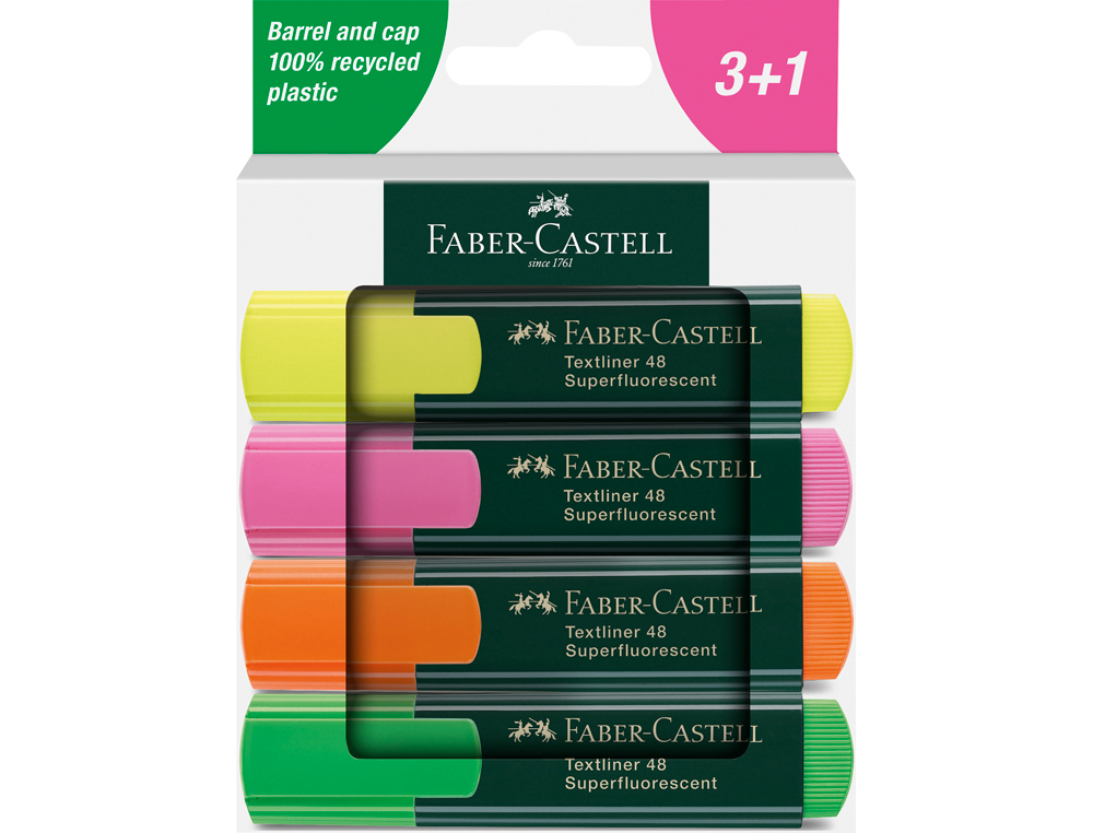 Rotulador faber castell neon txtlnr fluorescente caja de 3 + 1 unidad gratis colores surtidos