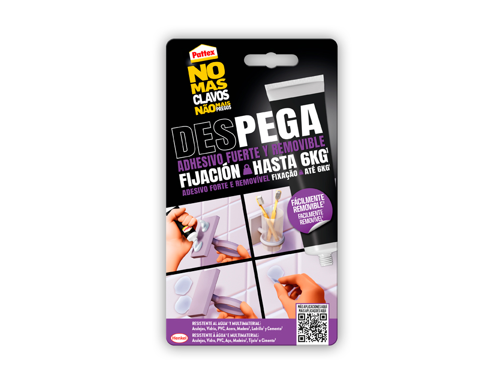 Adhesivo pattex pega despega no mas clavo hasta 6 kg blister de 12 unidades