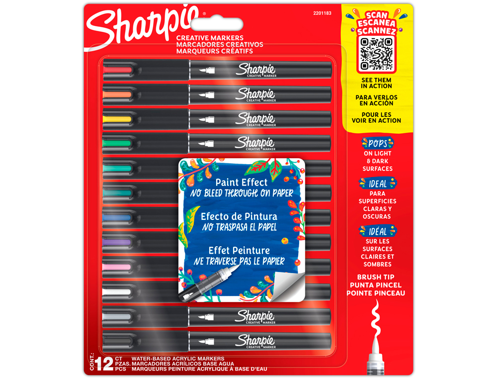 Rotulador sharpie acrilico punta pincel blister de 12 unidades colores surtidos