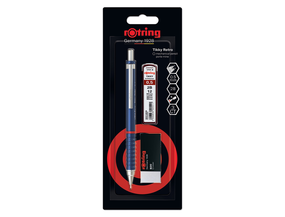 Set portaminas rotring tikky 0,5 mm color azul + 12 minas hb + goma de borrar b20