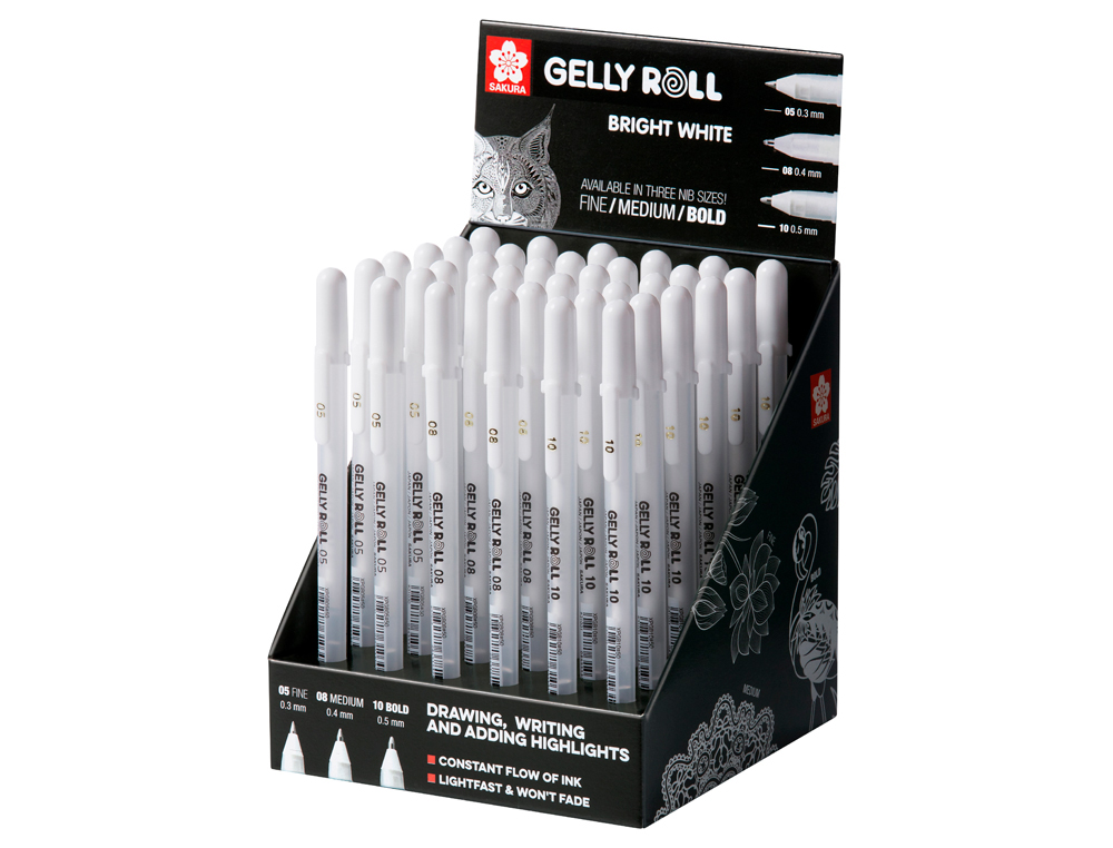 Rotulador sakura gel gelly roll gel color blanco expositor de 36 unidades surtidas 05 mm 08 mm y 10 mm