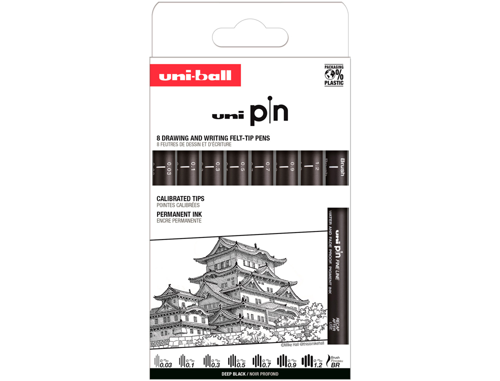 Rotulador uniball pin calibrado micrometrico clasico i color negro blister de 8 unidades