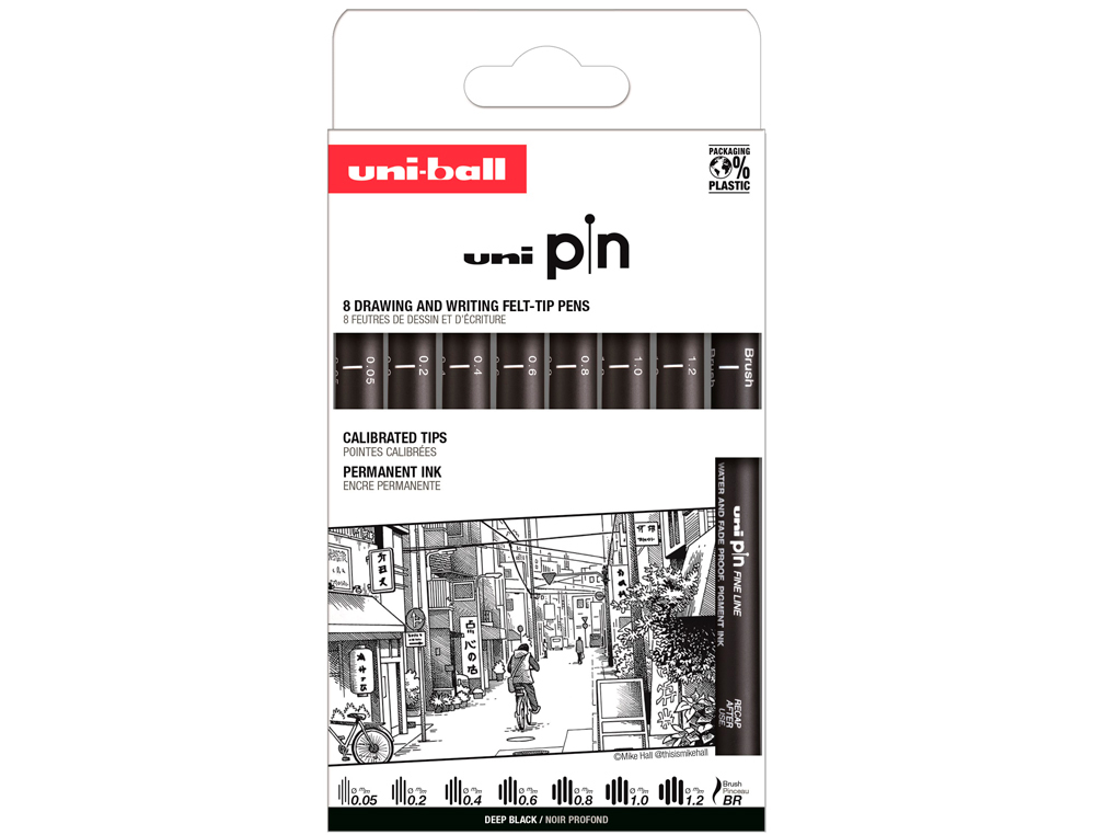 Rotulador uniball pin calibrado micrometrico clasico ii color negro blister de 8 unidades