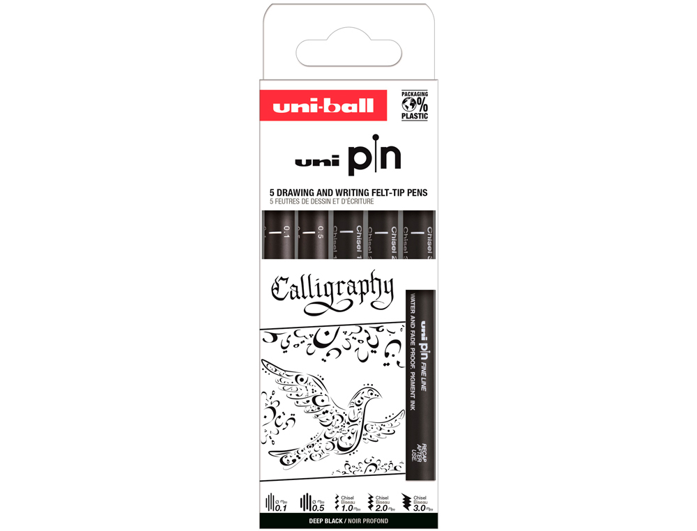 Rotulador uniball pin caligrafico color negro blister de 5 unidades