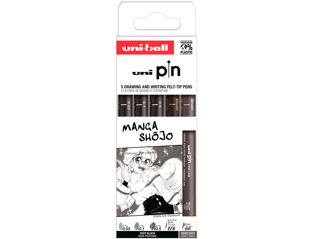 Rotulador uniball pin manga shojo color negro blister de 5 unidades
