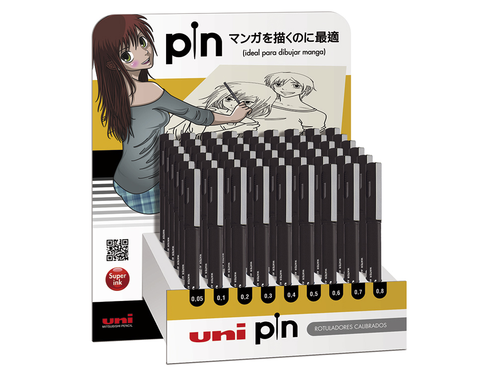Expositor rotulador uniball pin calibrado micrometrico color negro expositor de 54 unidades surtidas