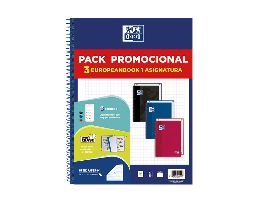 Cuaderno espiral oxford ebook 1 school tapa extradura din a4+ 80h cuadro 5 mm pack de 3 unidades colores surtidos