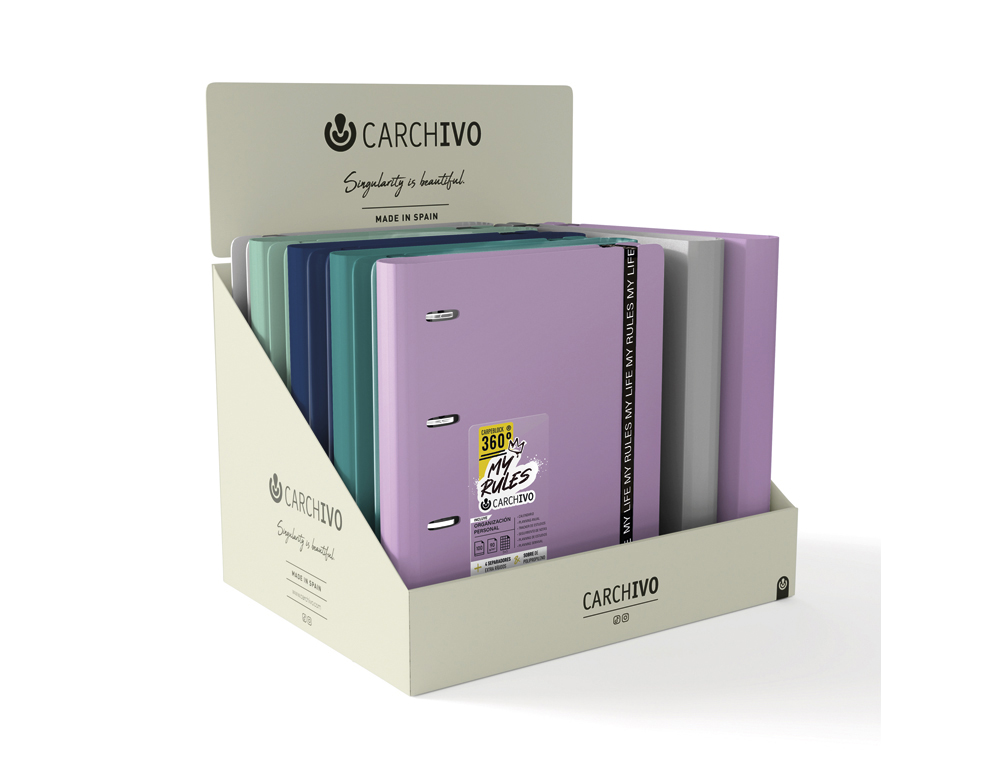 Carpeta carchivo 360 my rules 4 anillas 20 mm pp foam a4 con gomilla expositor de 10 unidades colores surtidos