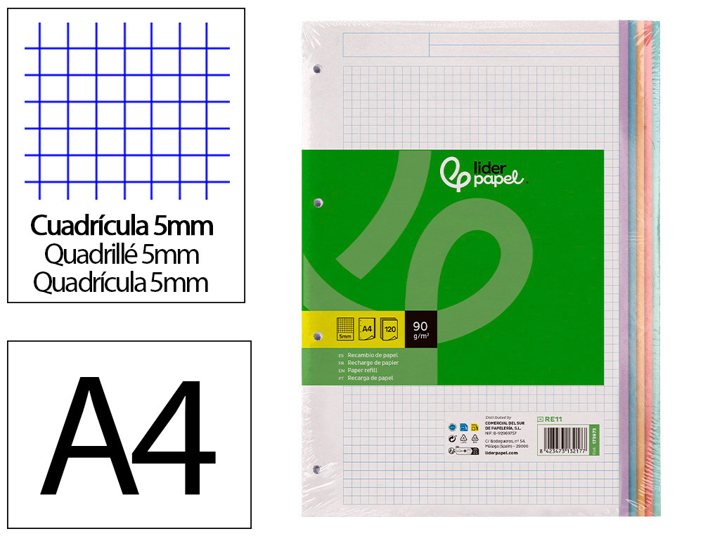 Recambio liderpapel a4 120 hojas 90gr cuadro 5 mm 4 taladros bandas de 5 colores pasteles