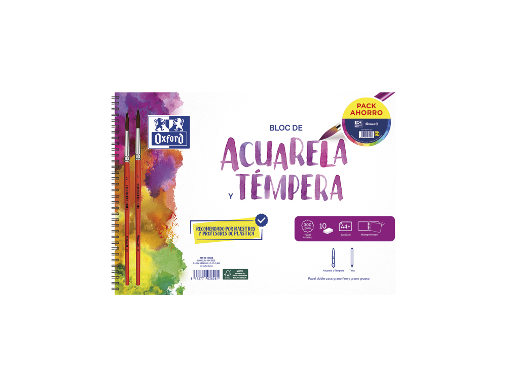 Bloc de dibujo oxford acuarela espiral din a4+ 10 hojas microperforado con pinceles