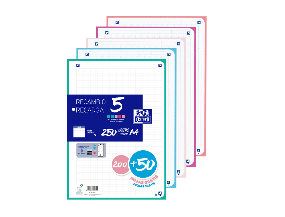 Recambio oxford din a4 200+50 hojas gratis cuadro 5 mm 4 taladros con banda 5 colores pastel