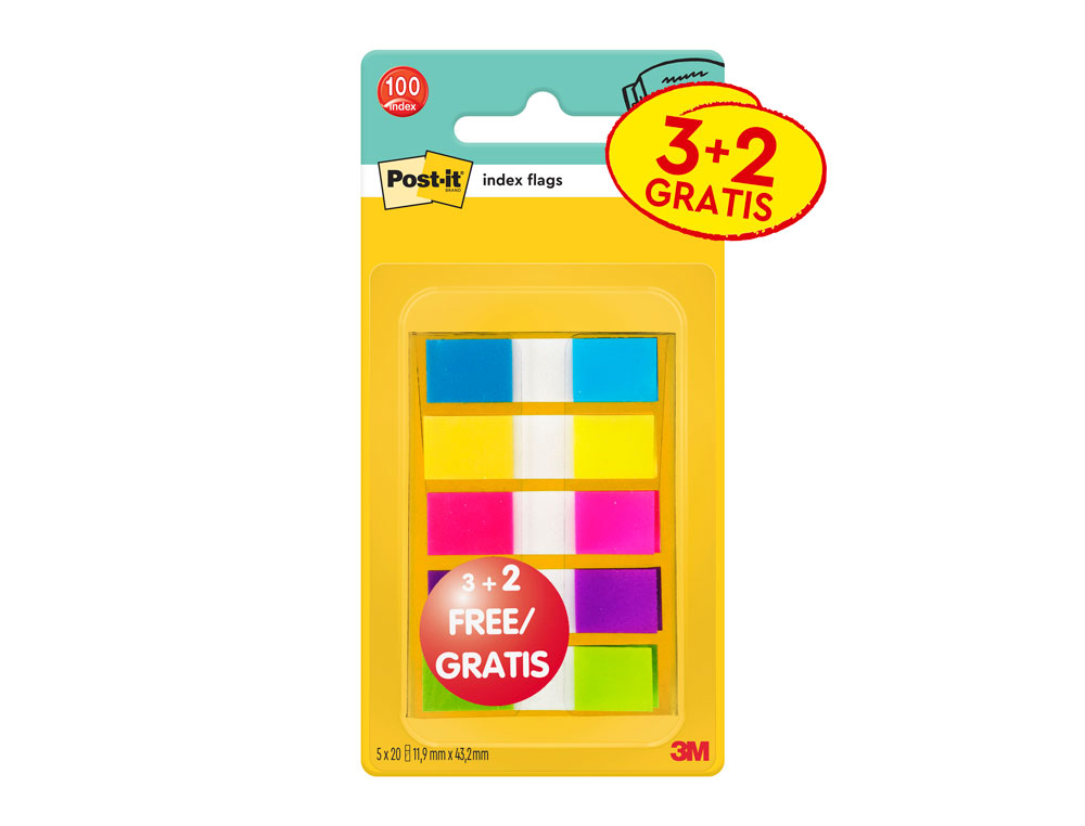 Banderitas separadoras post-it pequeña 11,9x43,2 mm dispensador 60 hojas+40 hojas gratis 5 colores surtidos