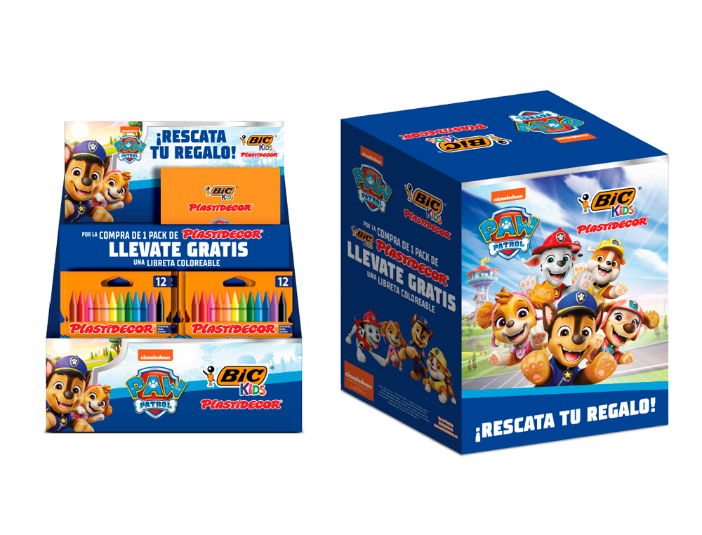 Lapices cera plastidecor caja de 12 colores surtidos expositor de 24 unidades + 24 cuadernos colorear patrulla