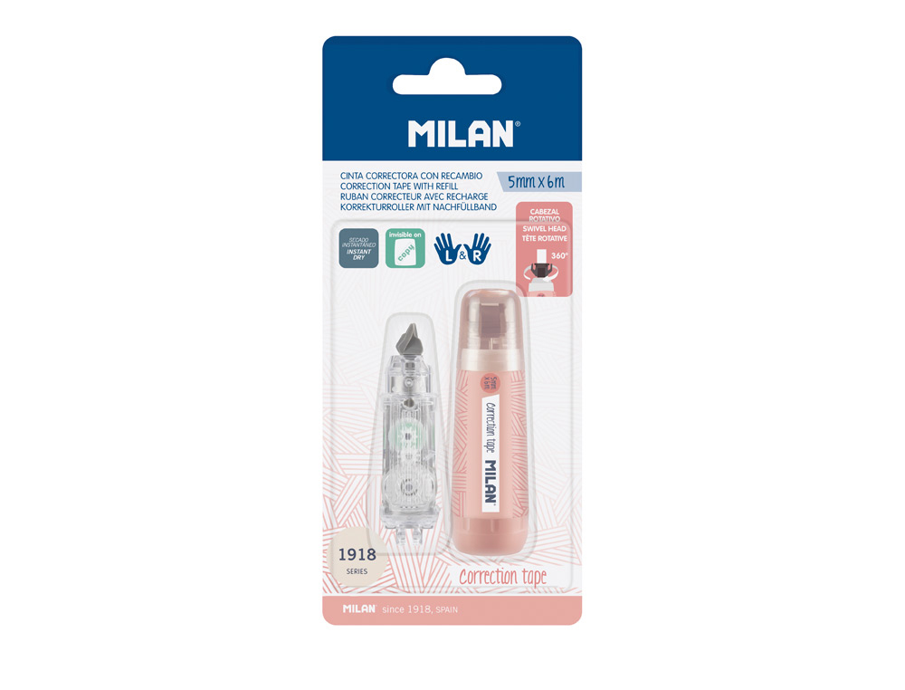 Cinta correctora milan 5 mm x 6 m coleccion 430 since 1918 rosa blister de 1 unidad + 1 recambio