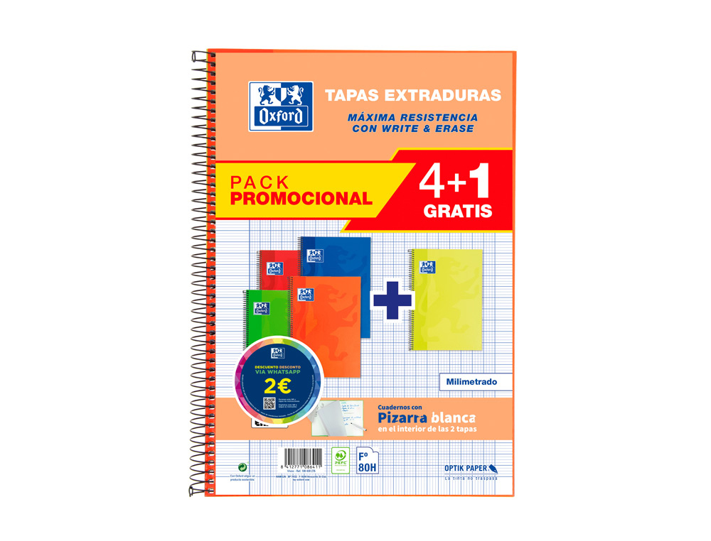 Cuaderno espiral oxford tapa extradura folio 80 hojas 90 gr cuadro 4 mm colores vivos pack de 4+1 unidades
