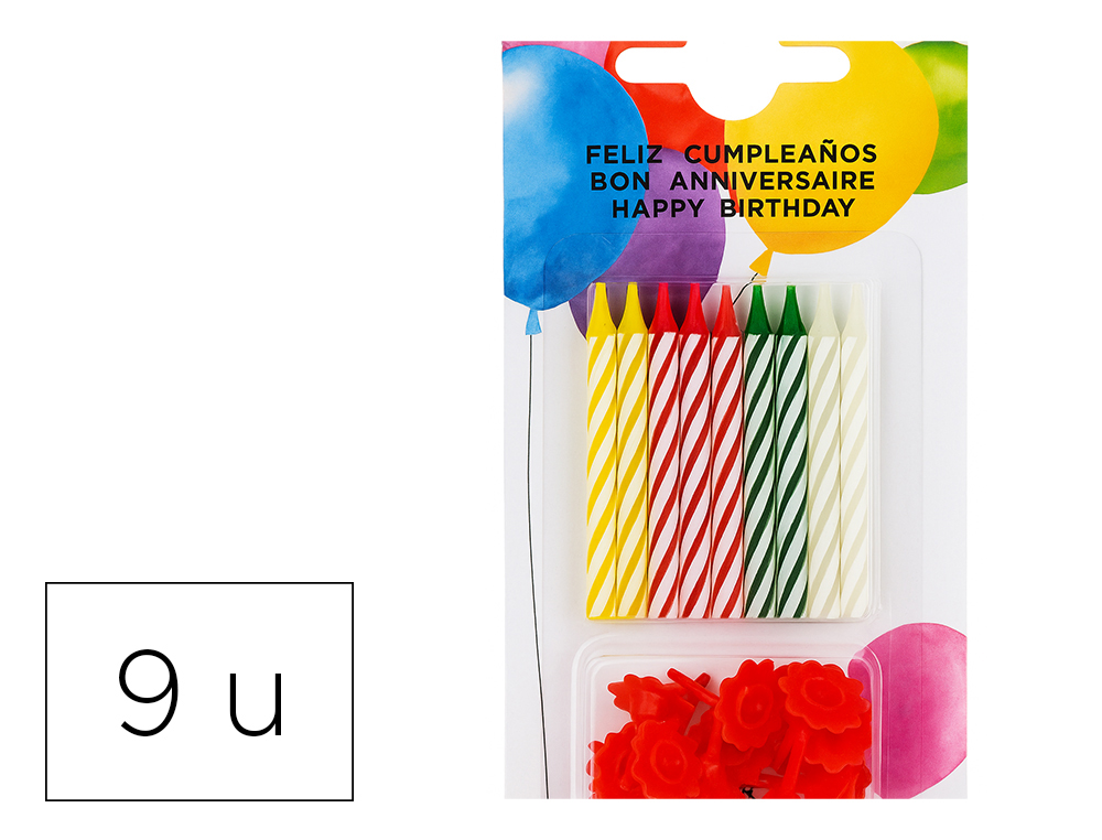 Velas cumpleaños con soporte blister de 20 unidades colores surtidos