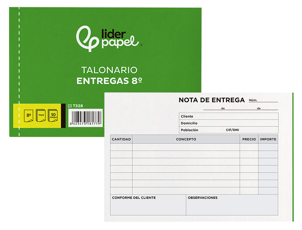 Talonario liderpapel entregas 8º original y 2 copias t328 apaisado
