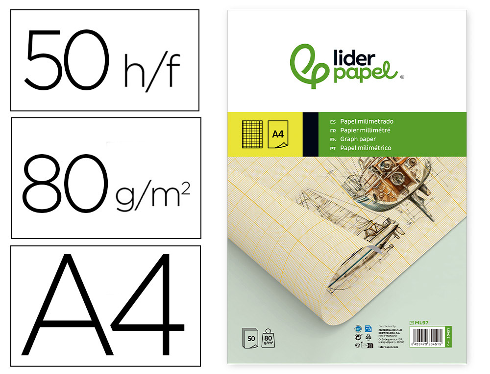 Bloc papel milimetrado liderpapel encolado 210x297 mm 50 hojas 80g/m2