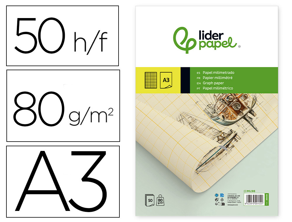 Bloc papel milimetrado liderpapel encolado 297x420 mm 50 hojas 80g/m2