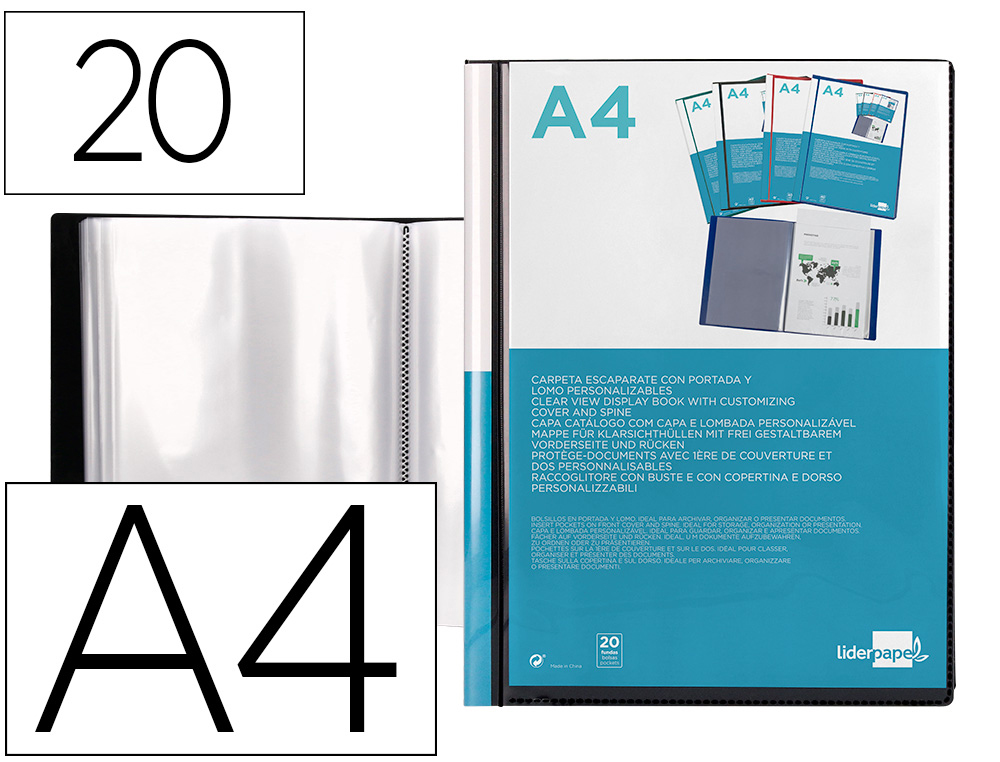 Carpeta liderpapel personaliza 37715 20 fundas canguro polipropileno din a4 negra portada y lomo personalizable