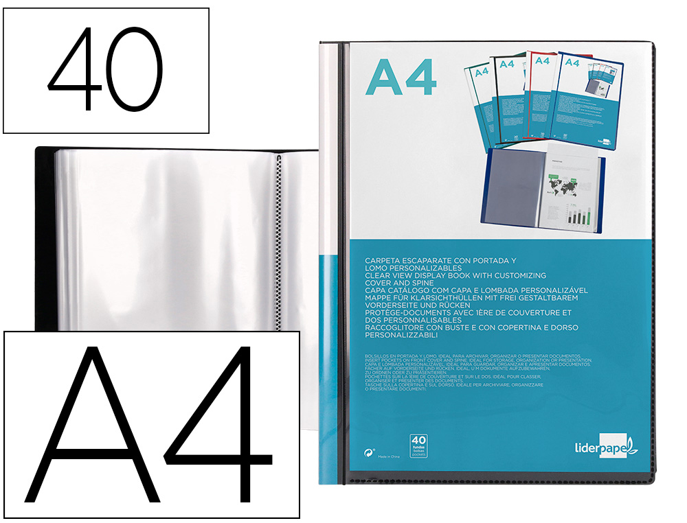 Carpeta liderpapel personaliza 37735 40 fundas canguro polipropileno din a4 negra portada y lomo personalizable
