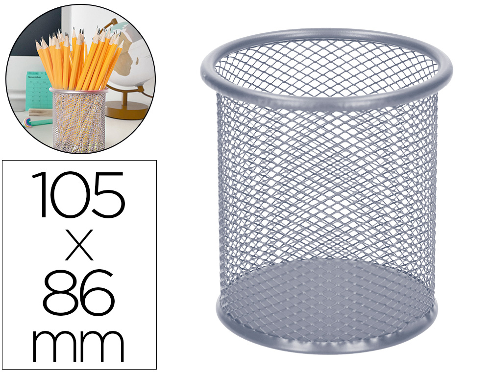 Cubilete portalapices q-connect plata metal redondo rejilla diametro 86 mm alto 105 mm