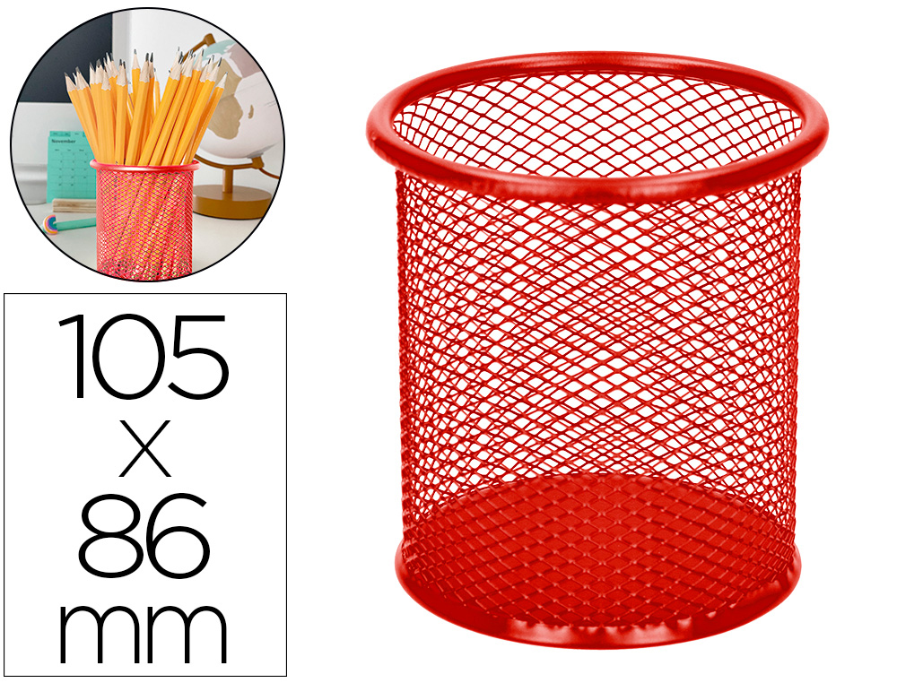 Cubilete portalapices q-connect rojo metal redondo rejilla diametro 86 mm alto 105 mm