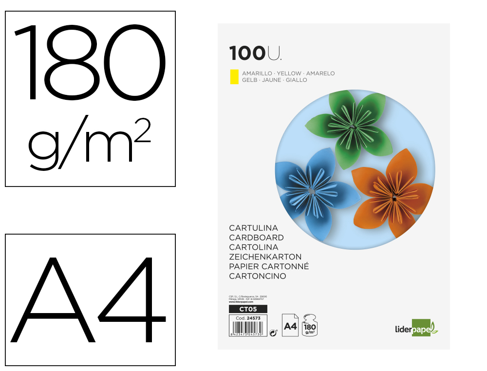 Cartulina liderpapel a4 180g/m2 amarillo paquete de 100 hojas