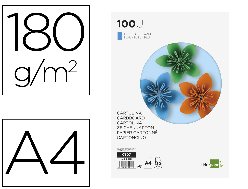 Cartulina liderpapel a4 180g/m2 azul paquete de 100 hojas